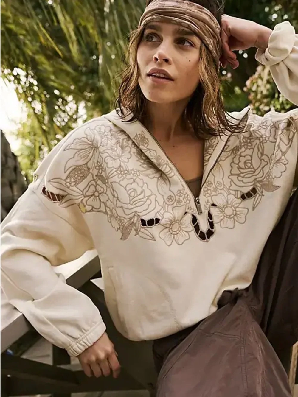 Free People Movement Logo Fast Lane Cream Floral Embroidered Half-Zip Sweatshirt